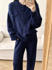 Pocketed Round Neck Button Up Cardigan and Pants Sweater Set - Trendsi