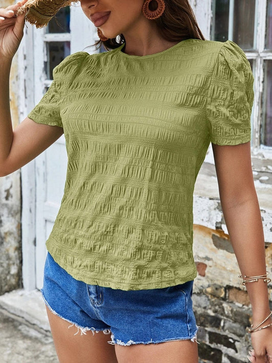 Ruched Round Neck Short Sleeve T-Shirt - Trendsi