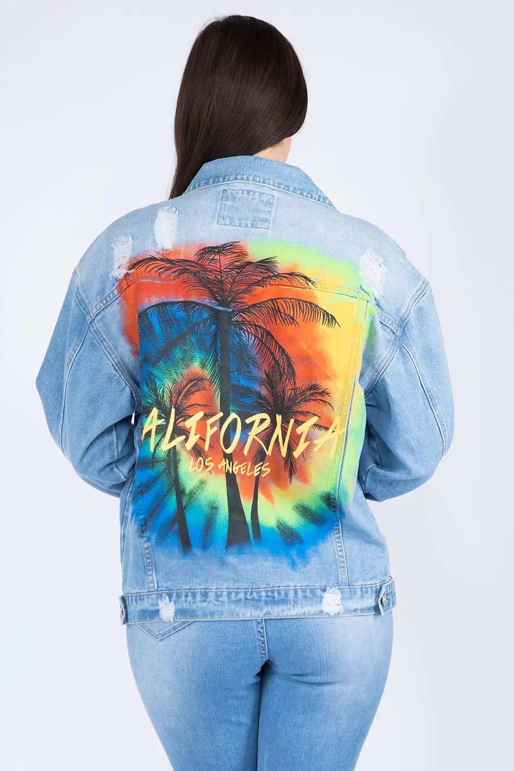 American Bazi Full Size Painted Back Distressed Denim Jacket - Trendsi - Flyclothing LLC