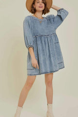 Cutout Round Neck Balloon Sleeve Denim Dress - Trendsi - Flyclothing LLC