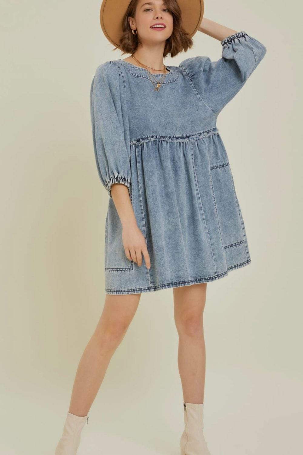 Cutout Round Neck Balloon Sleeve Denim Dress - Trendsi - Flyclothing LLC