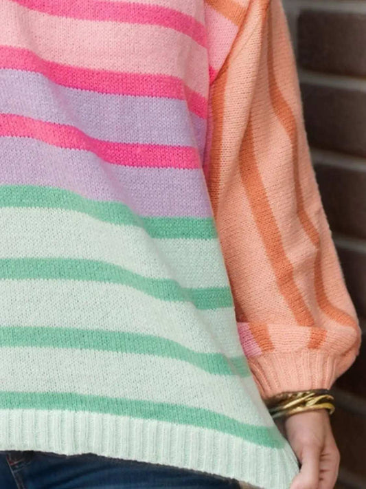 Plus Size Striped Round Neck Long Sleeve Sweater - Trendsi - Flyclothing LLC