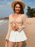 Drawstring Openwork Long Sleeve Cover-Up - Trendsi