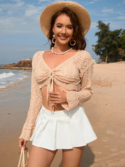 Drawstring Openwork Long Sleeve Cover-Up