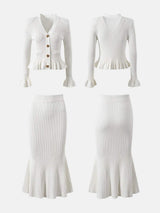 Ruffled V-Neck Top and Midi Skirt Sweater Set - Trendsi - Flyclothing LLC