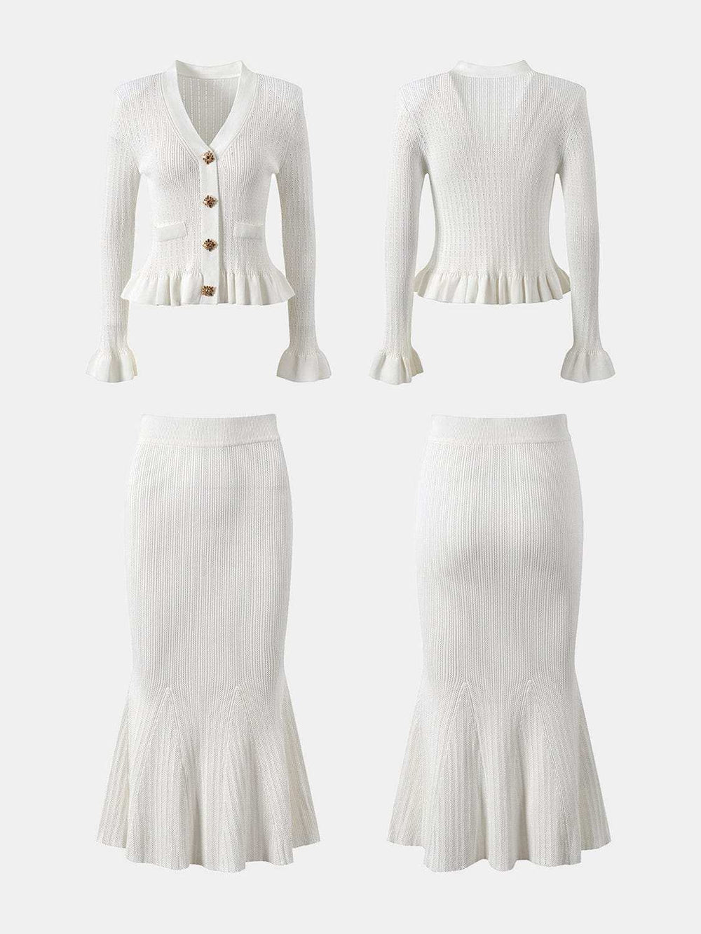 Ruffled V-Neck Top and Midi Skirt Sweater Set - Trendsi - Flyclothing LLC