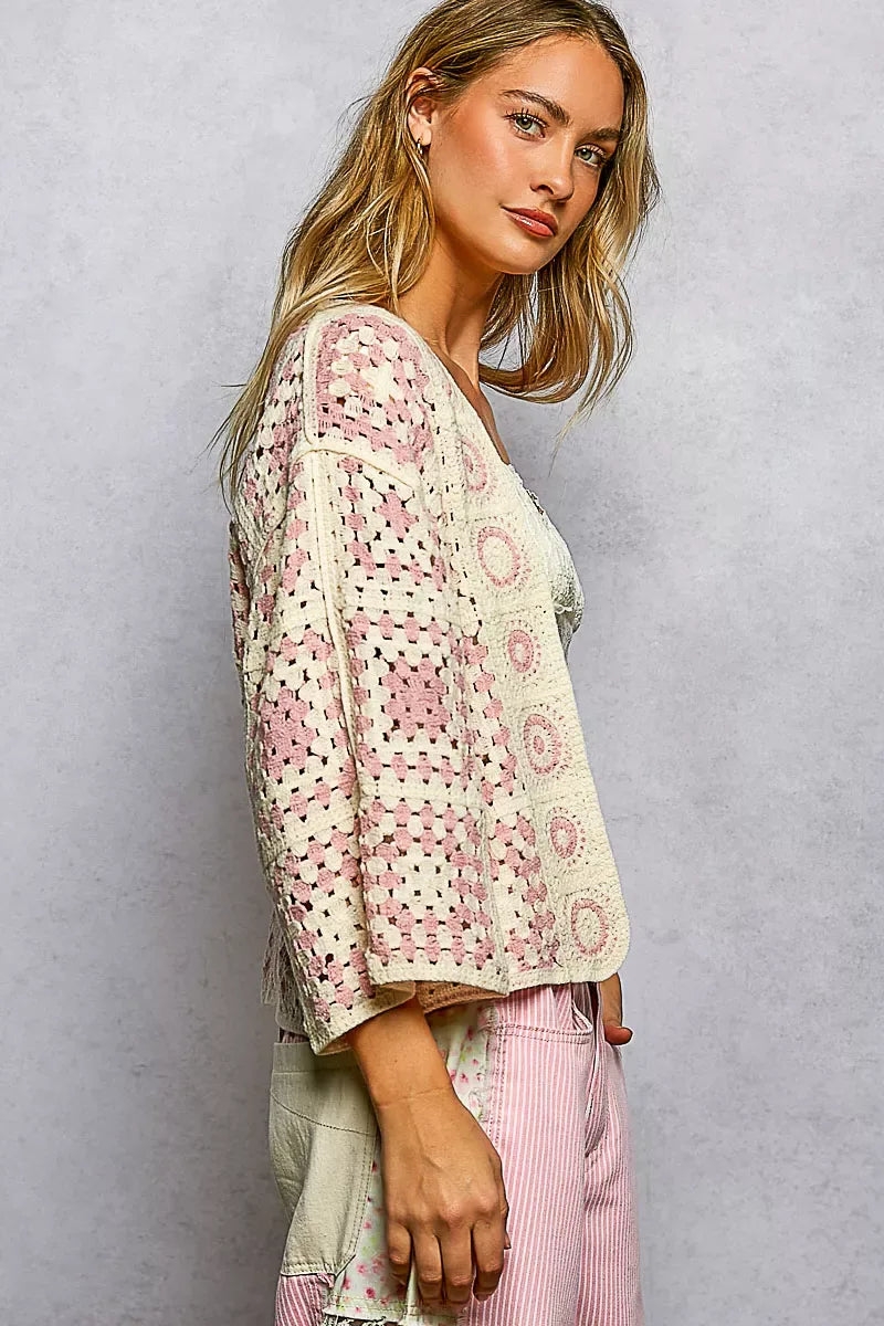 POL Open Front Crochet Cardigan with Granny Square Pattern - Trendsi - Flyclothing LLC