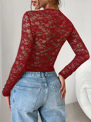 Devine Scoop Neck Long Sleeve Lace Top - Trendsi