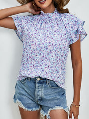 Ditsy Floral Mock Neck Flounce Sleeve Blouse - Trendsi