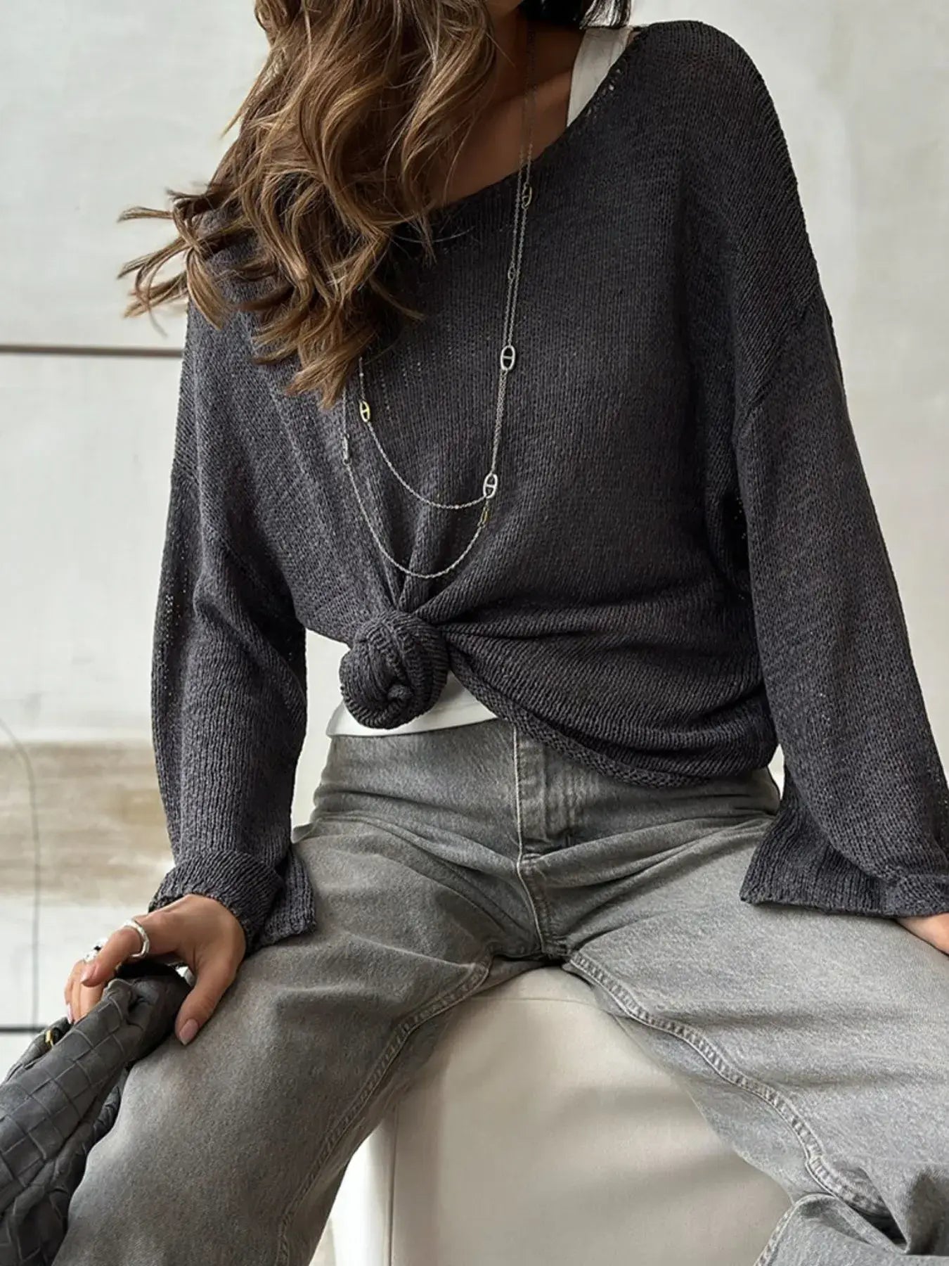 Boat Neck Knit Cover Up with Relaxed Fit - Trendsi - Flyclothing LLC