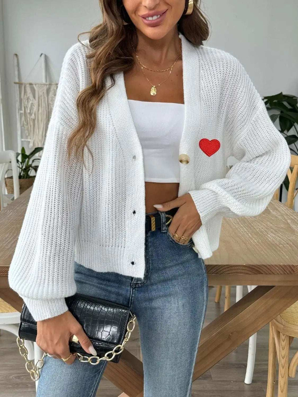 Heart Button Down V-Neck Long Sleeve Cardigan - Trendsi - Flyclothing LLC