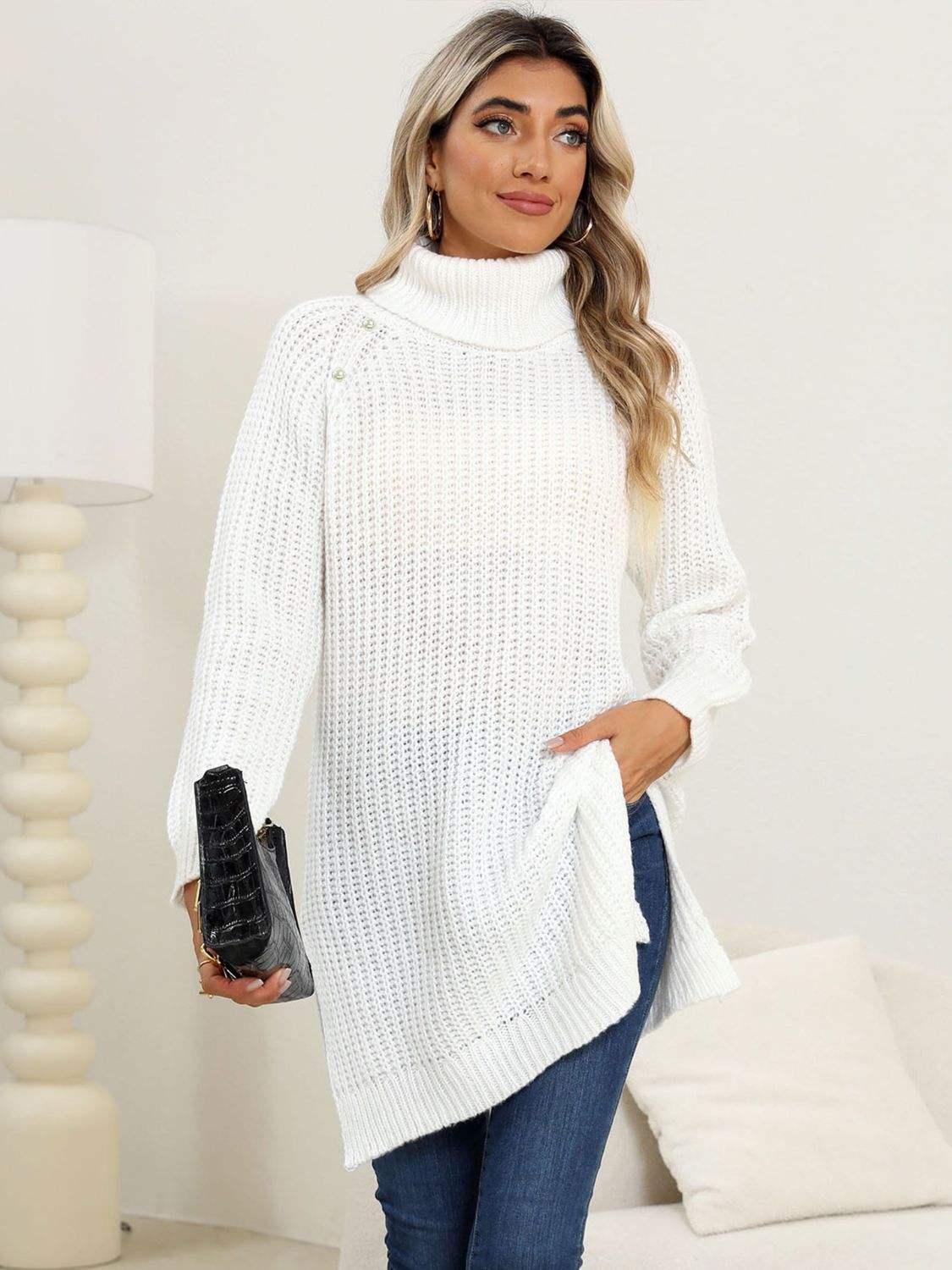 Slit Turtleneck Long Sleeve Sweater - Trendsi - Flyclothing LLC