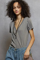 POL V-Neck Short Sleeve Top with Stitch Seam Detail - Trendsi - Flyclothing LLC