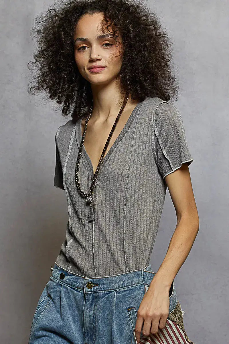 POL V-Neck Short Sleeve Top with Stitch Seam Detail - Trendsi - Flyclothing LLC