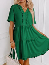 Tiered Notched Short Sleeve Mini Dress - Trendsi - Flyclothing LLC