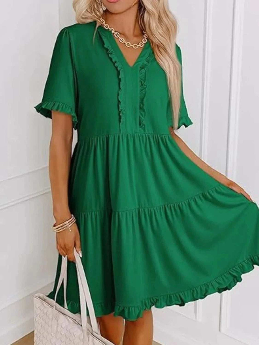 Tiered Notched Short Sleeve Mini Dress - Trendsi - Flyclothing LLC