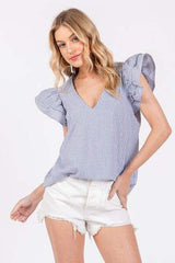 Ces Femme Striped V-Neck Ruffled Cap Sleeve Blouse - Trendsi - Flyclothing LLC