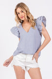 Ces Femme Striped V-Neck Ruffled Cap Sleeve Blouse - Trendsi