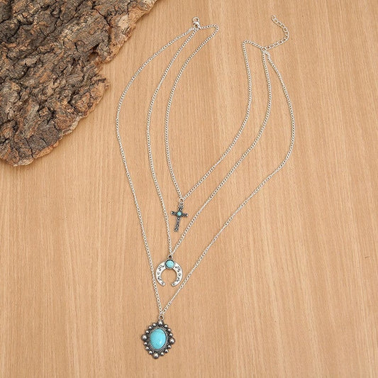 Artificial Turquoise Alloy Three-Layered Necklace - Trendsi