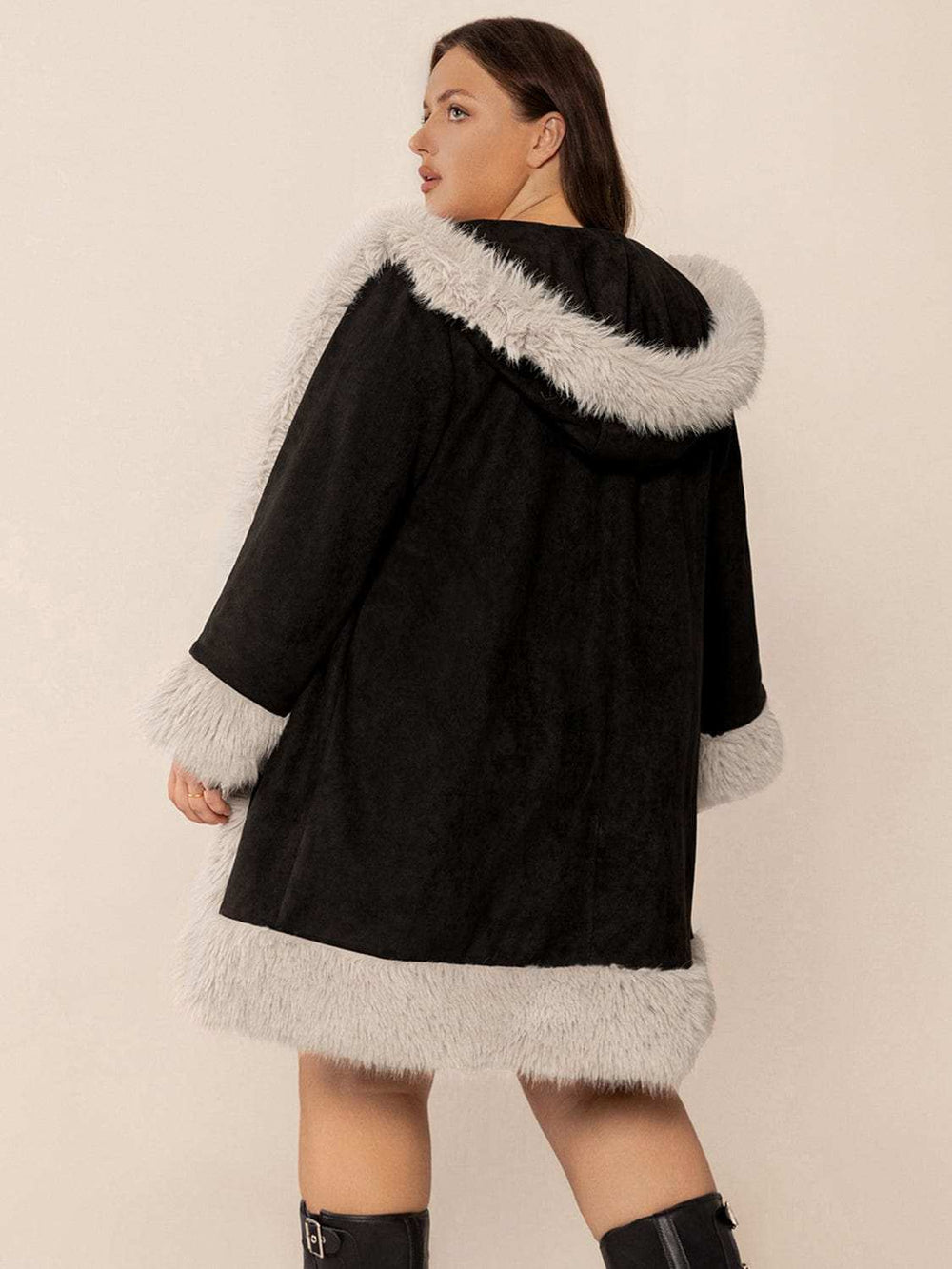 Plus Size Fuzzy Trim Open Front Long Sleeve Hooded Coat - Trendsi - Flyclothing LLC