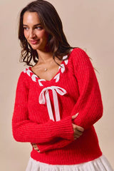 SO ME Satin Tape Braided Ribbon Tie V Neck Sweater - Trendsi - Flyclothing LLC