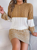 Cable-Knit Round Neck Color Block Sweater Dress - Trendsi - Flyclothing LLC