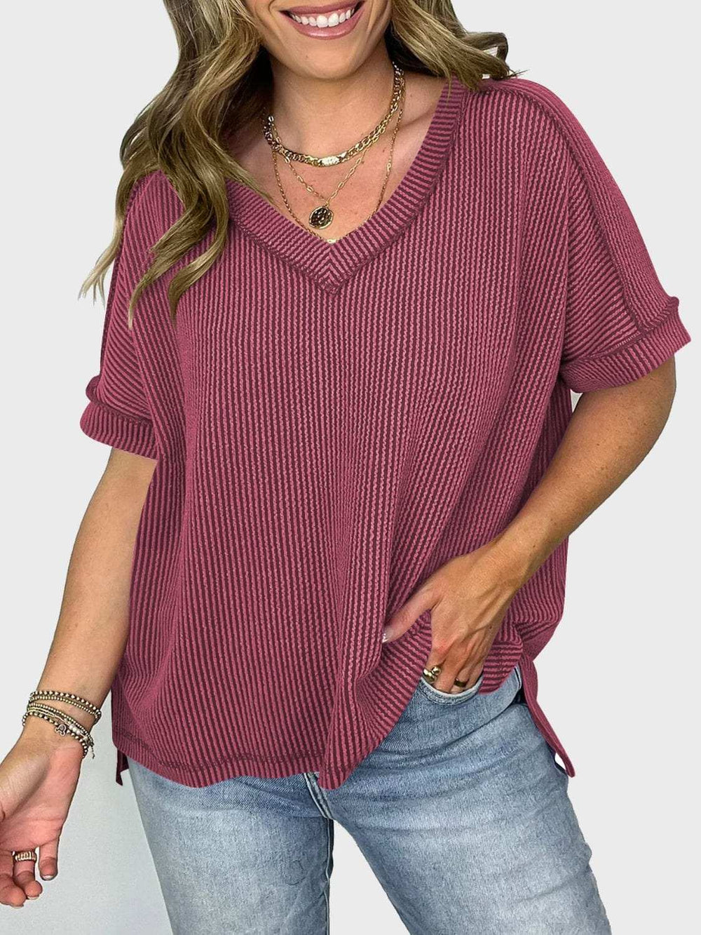Lovelet Texture V-Neck Half Sleeve T-Shirt - Trendsi - Flyclothing LLC