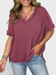 Lovelet Texture V-Neck Half Sleeve T-Shirt - Trendsi