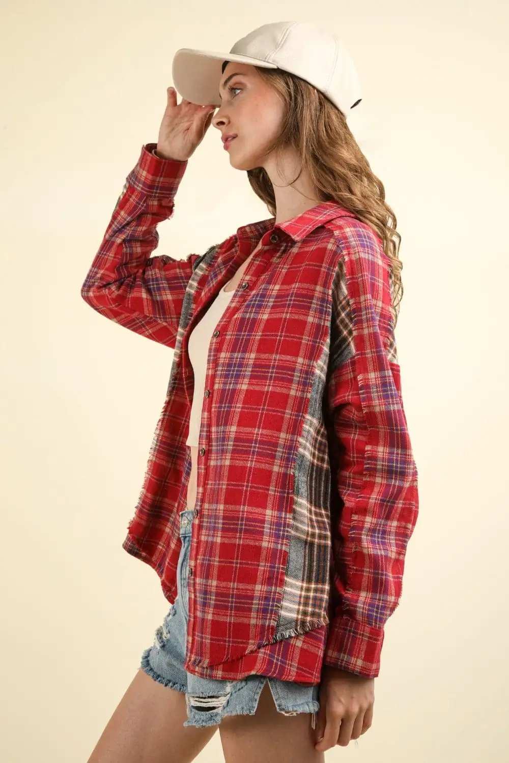 VERY J Contrast Plaid Raw Detail Shirt - Trendsi - Flyclothing LLC