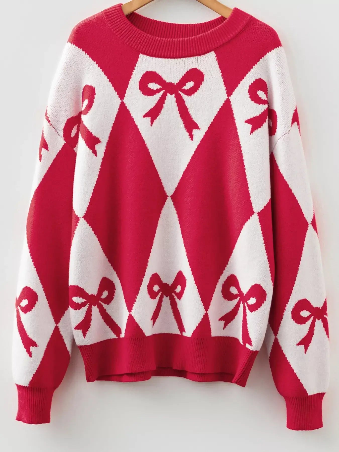 Bow Print 2-Tone Rhombus Knit Loose Sweater - Trendsi - Flyclothing LLC
