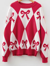 Bow Print 2-Tone Rhombus Knit Loose Sweater - Trendsi - Flyclothing LLC