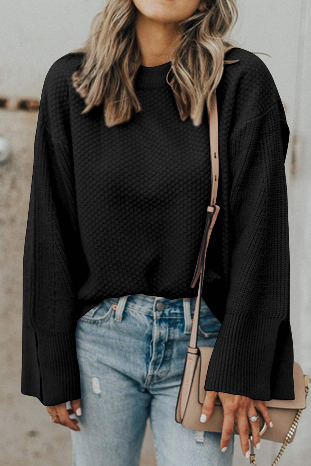 Textured Round Neck Long Sleeve Sweater - Trendsi - Flyclothing LLC