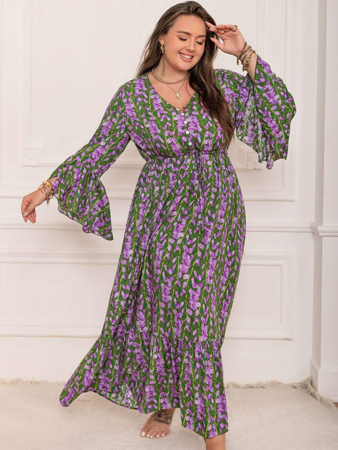Plus Size Printed V-Neck Long Sleeve Maxi Dress - Trendsi - Flyclothing LLC