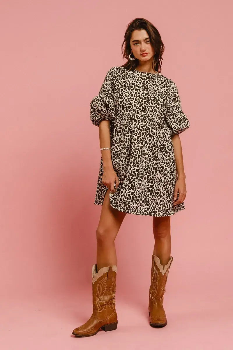BiBi Leopard Denim Dress With Back Contrast Tie Detail - Trendsi - Flyclothing LLC
