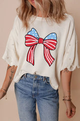 Bowknot Graphic Pearl Puff Half Sleeve T Shirt - Trendsi - Flyclothing LLC