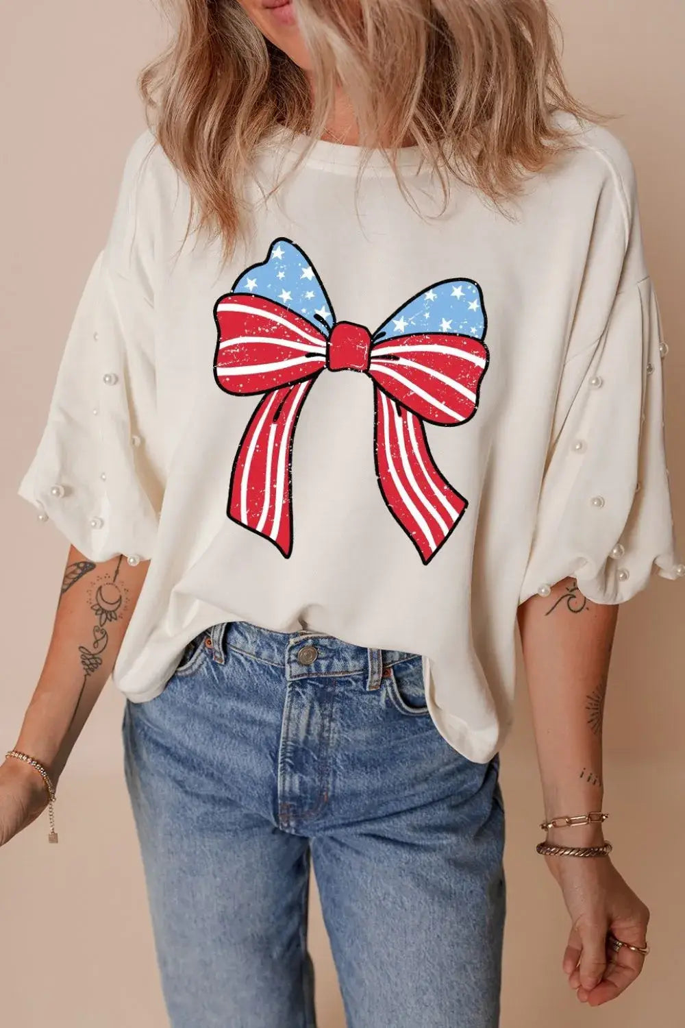 Bowknot Graphic Pearl Puff Half Sleeve T Shirt - Trendsi - Flyclothing LLC