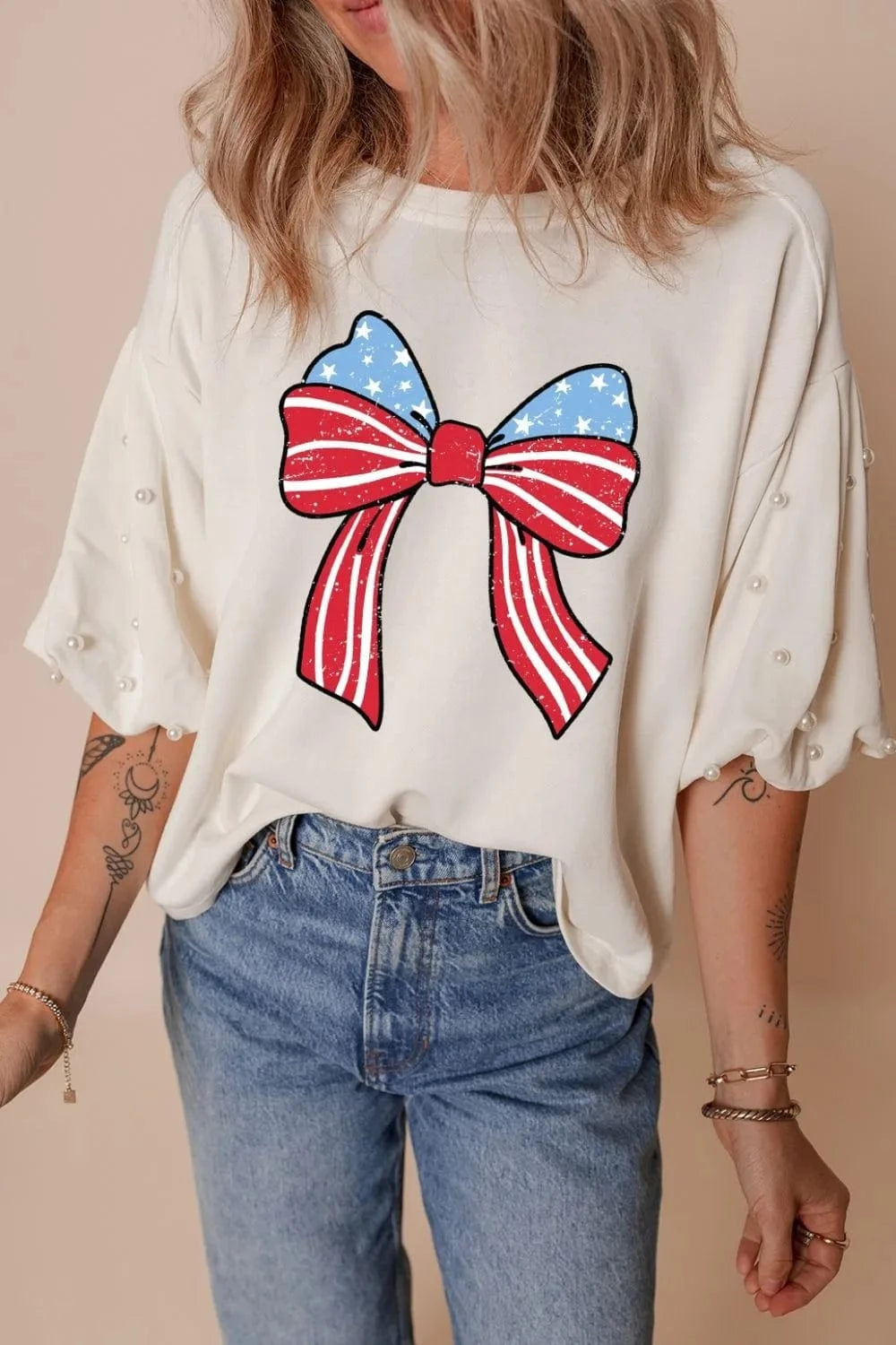 Bowknot Graphic Pearl Puff Half Sleeve T Shirt - Trendsi