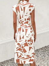 Printed Cap Sleeve Tie Waist Dress - Trendsi - Flyclothing LLC