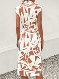 Printed Cap Sleeve Tie Waist Dress - Trendsi
