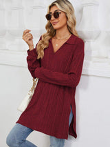 Slit Johnny Collar Long Sleeve T-Shirt - Trendsi - Flyclothing LLC