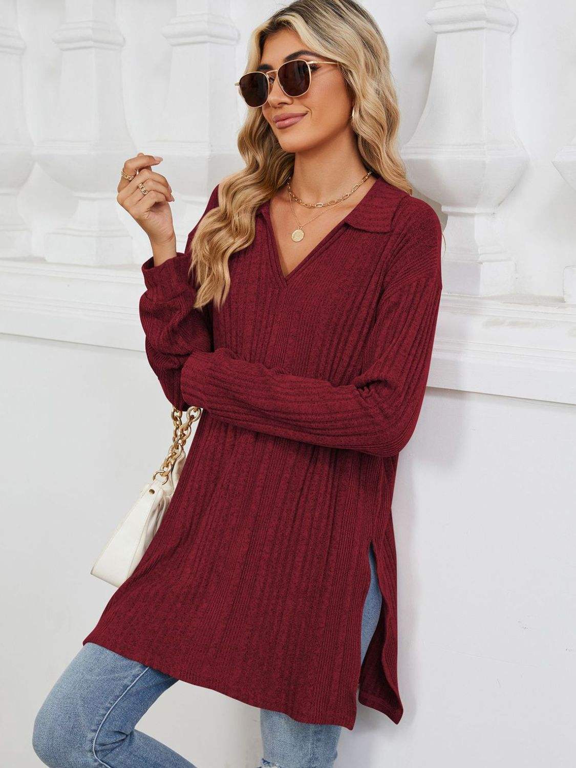 Slit Johnny Collar Long Sleeve T-Shirt - Trendsi - Flyclothing LLC