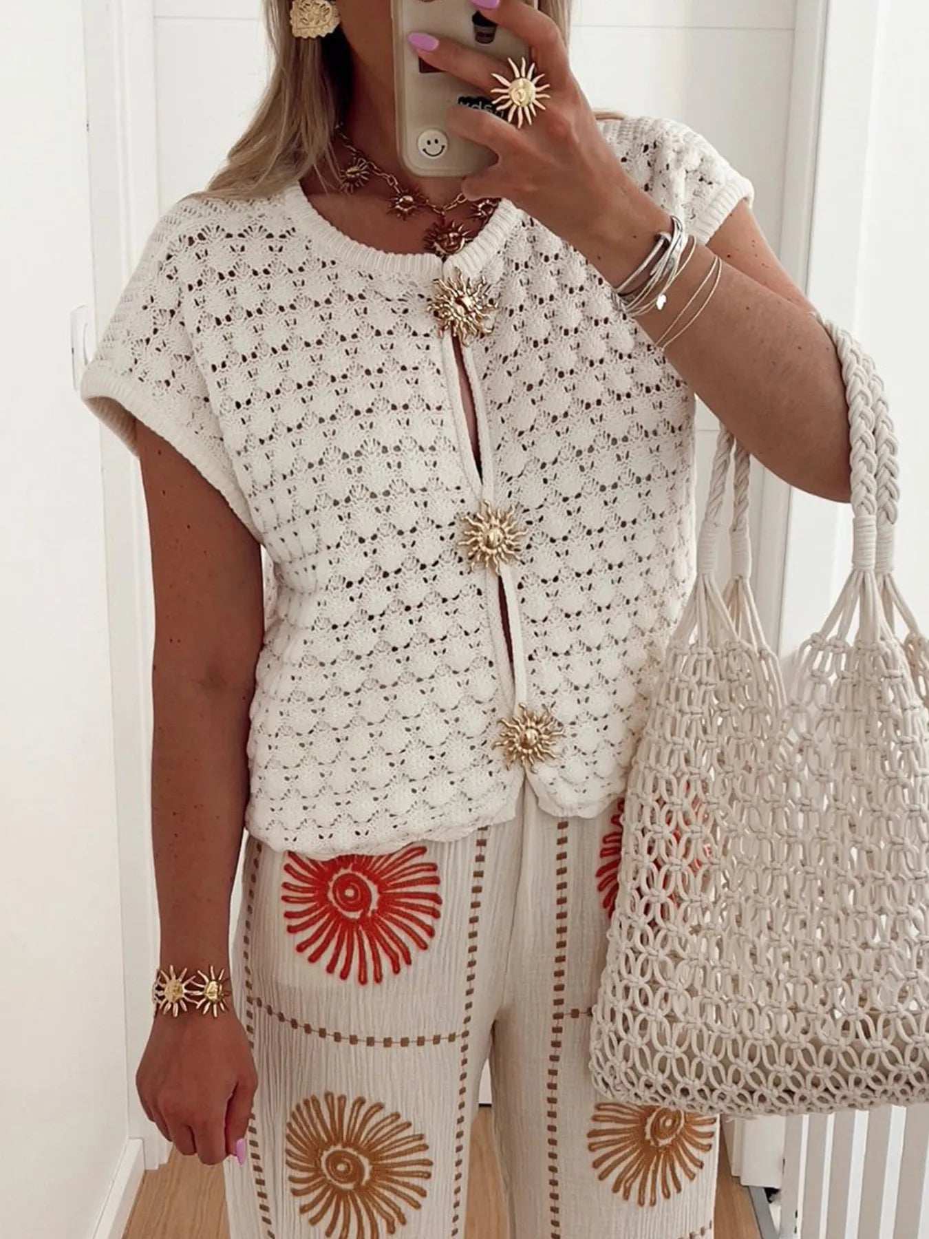 Crochet Short Sleeve Button Front Cardigan - Trendsi - Flyclothing LLC