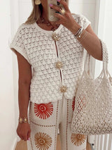 Crochet Short Sleeve Button Front Cardigan - Trendsi - Flyclothing LLC