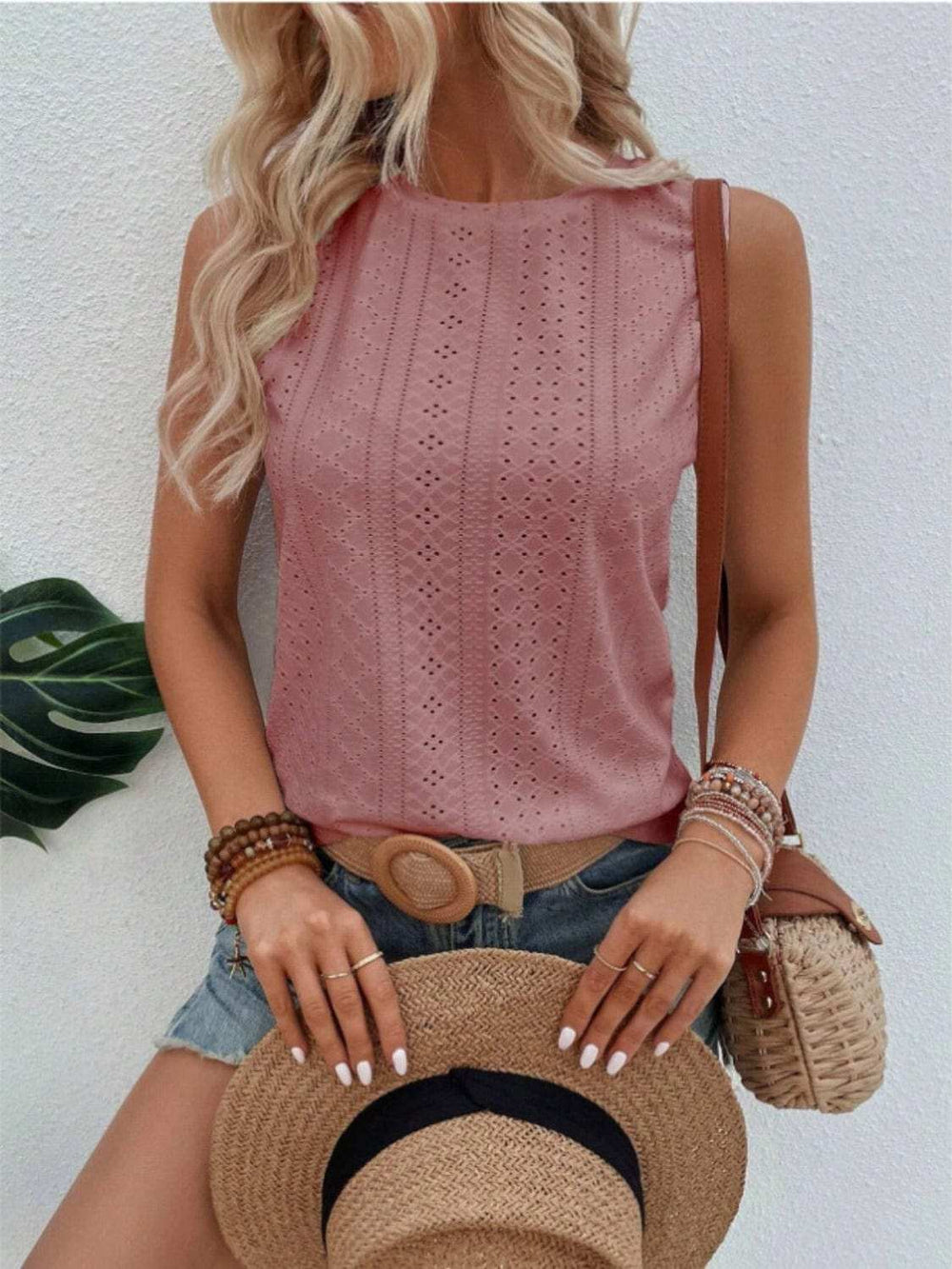Eyelet Round Neck Tank - Trendsi - Flyclothing LLC