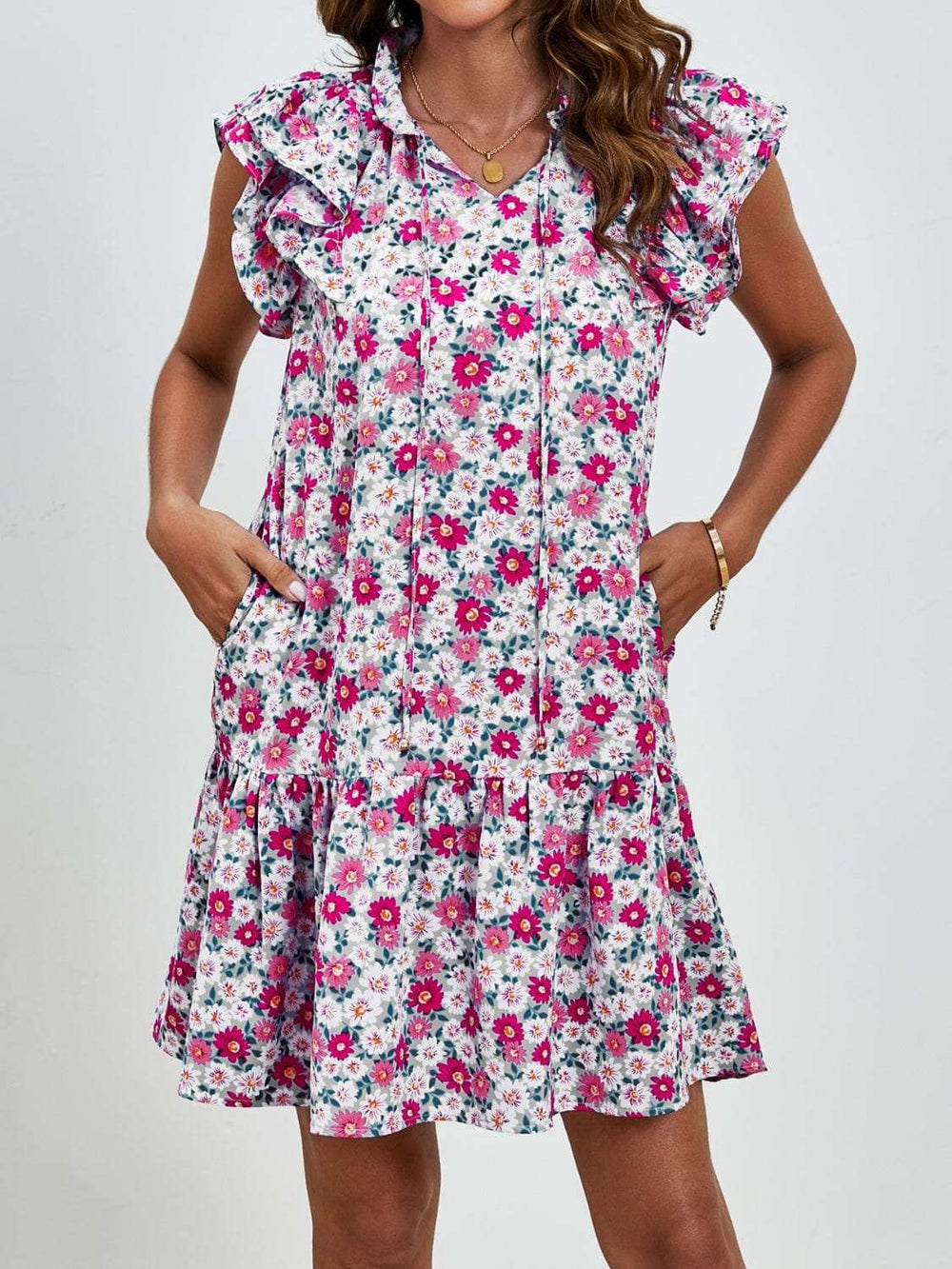 Tied Floral Cap Sleeve Mini Dress - Trendsi - Flyclothing LLC