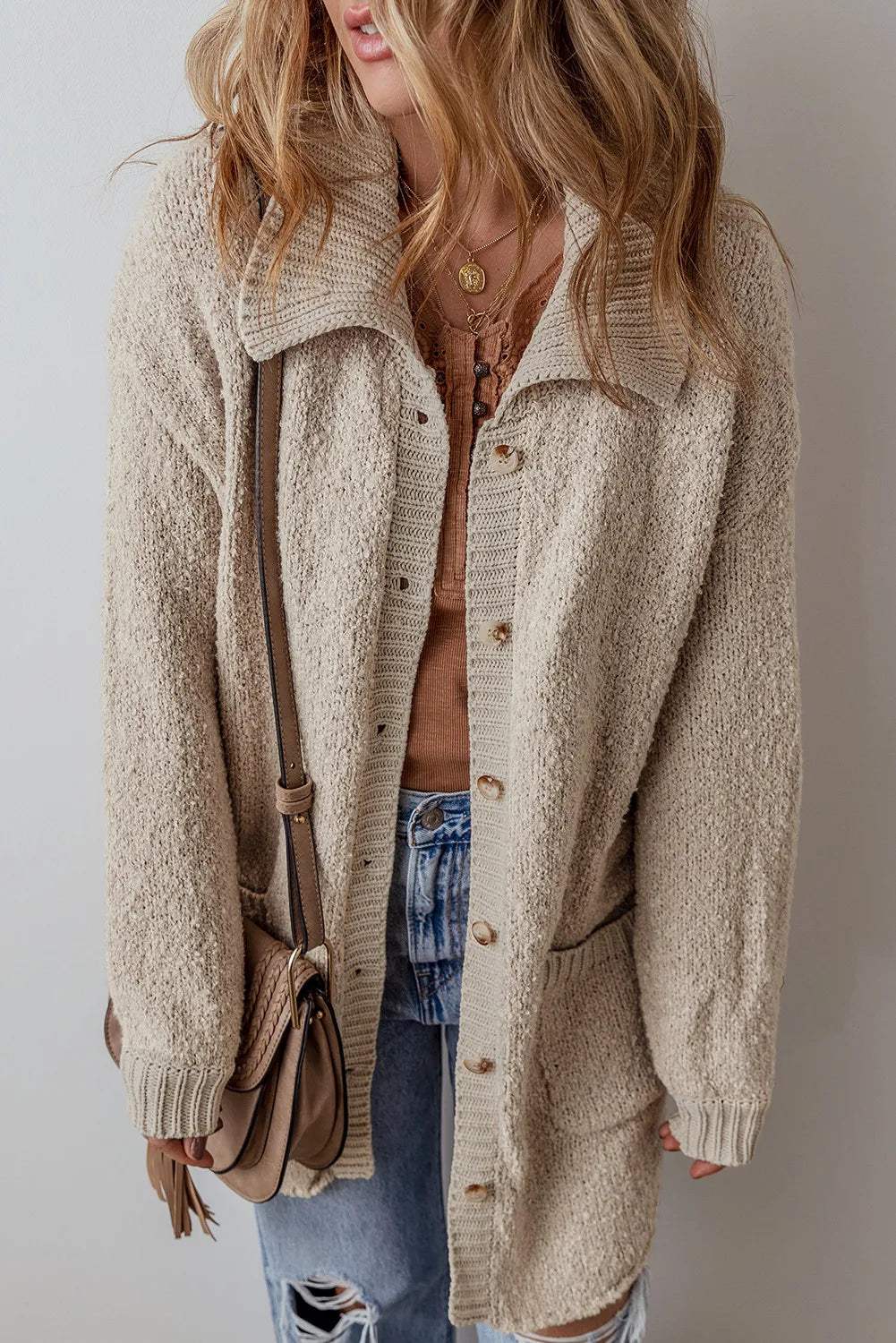 Pocketed Button Up Long Sleeve Cardigan - Trendsi - Flyclothing LLC