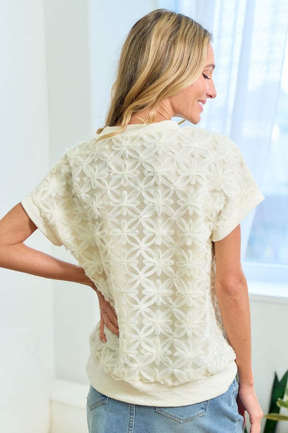 First Love 3D Mesh Flower Round Neck Short Sleeve Top - Trendsi - Flyclothing LLC