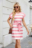 Tied Contrast Striped Short Sleeve Mini Tee Dress - Trendsi - Flyclothing LLC