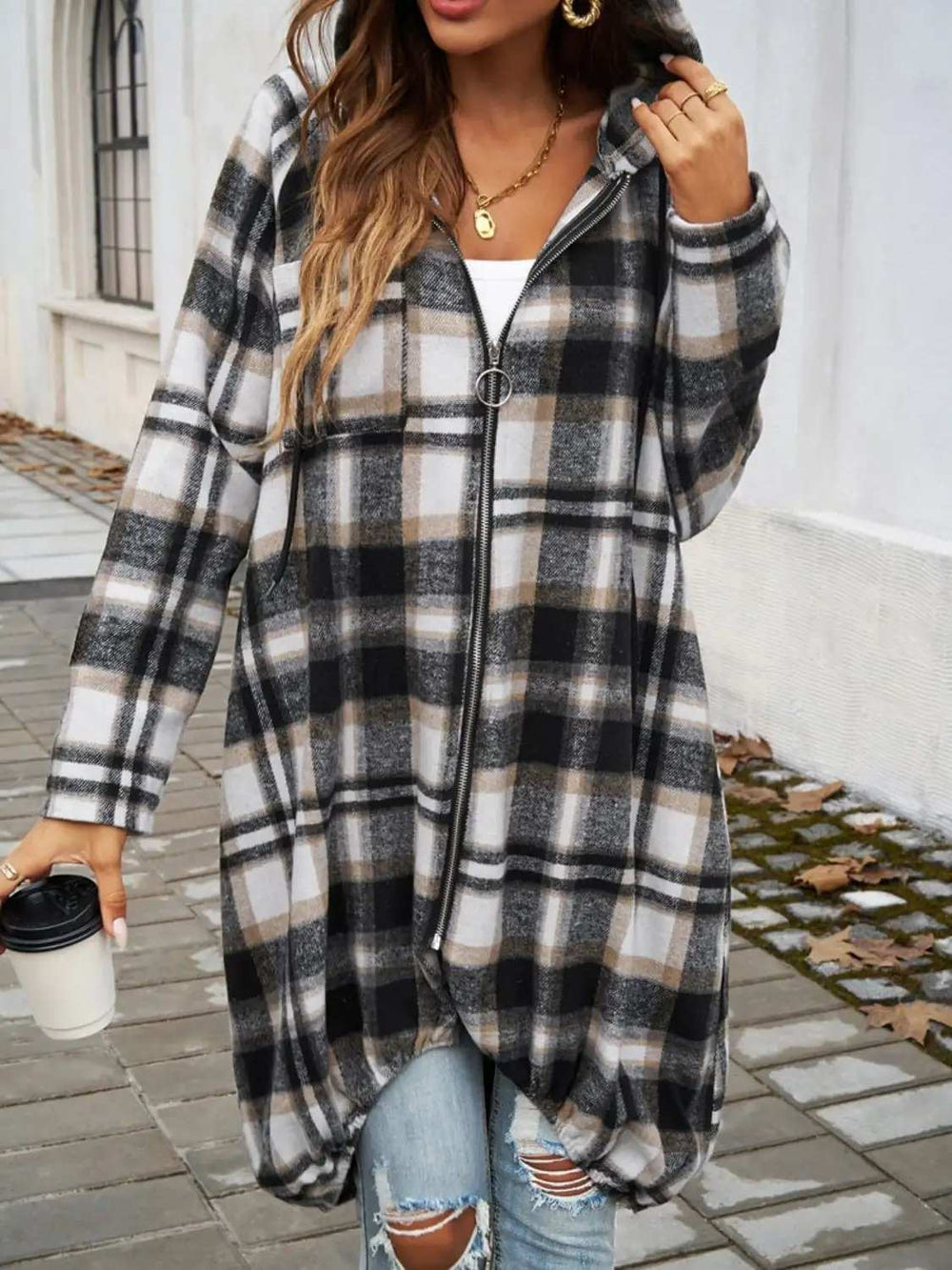 Plaid Zip Up Hooded Coat - Trendsi - Flyclothing LLC