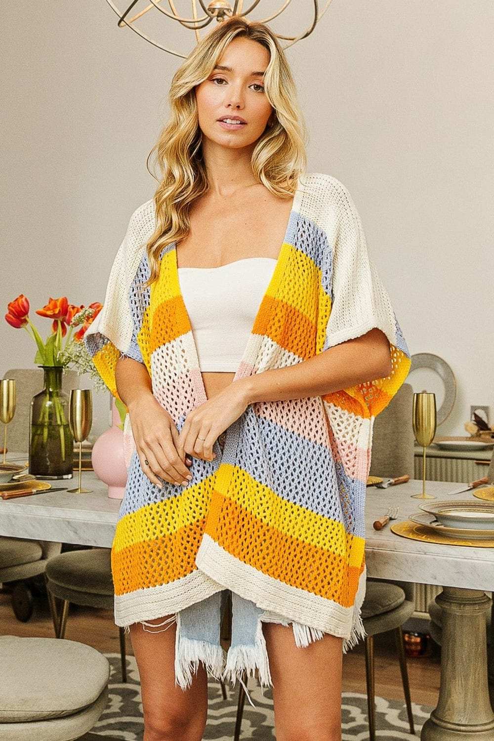 BiBi Openwork Striped Open Front Knit Cardigan - Trendsi - Flyclothing LLC